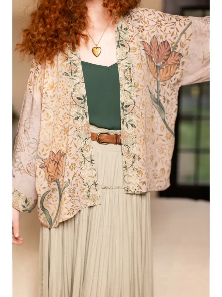 FOLKLORE FLORAL BIRD CROPPED BAMBOO KIMONO