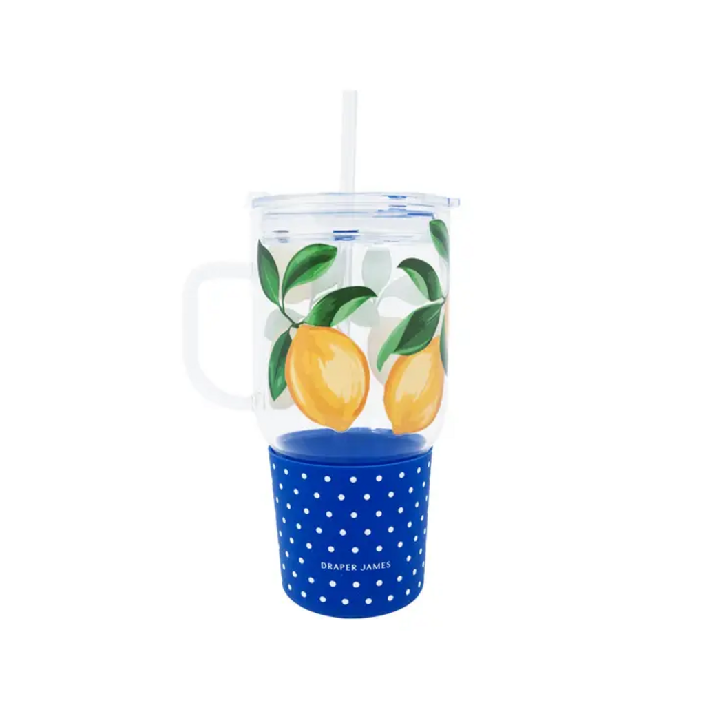 LEMONS ALLOVER GLASS TUMBLER W/STRAW