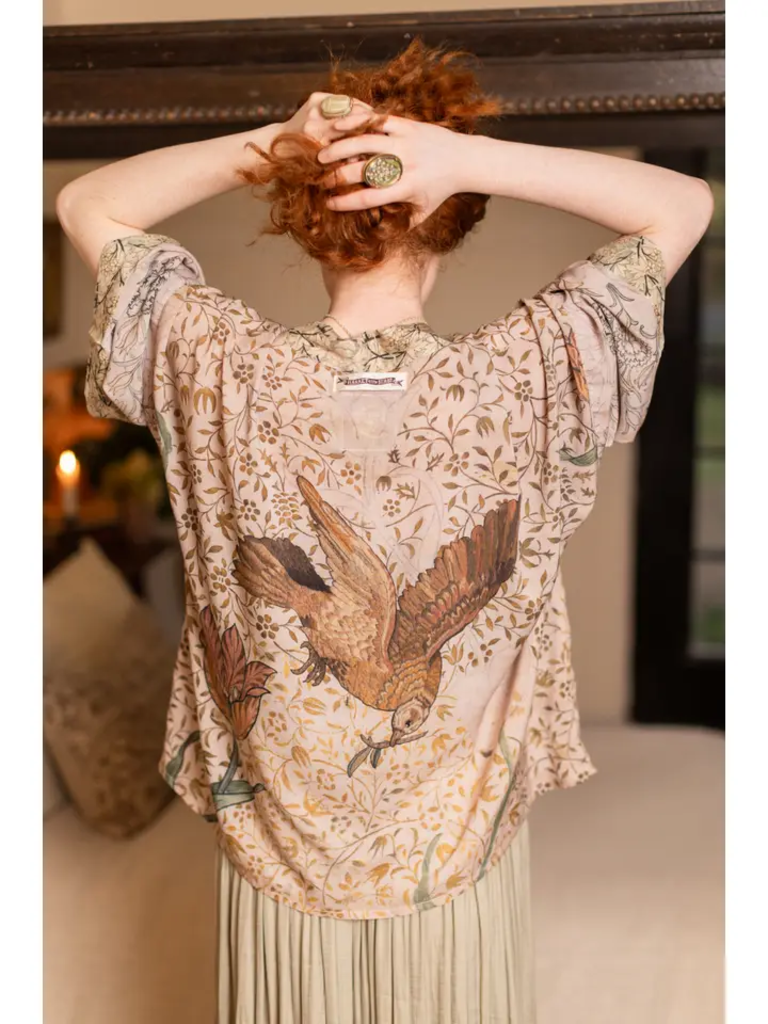 FOLKLORE FLORAL BIRD CROPPED BAMBOO KIMONO