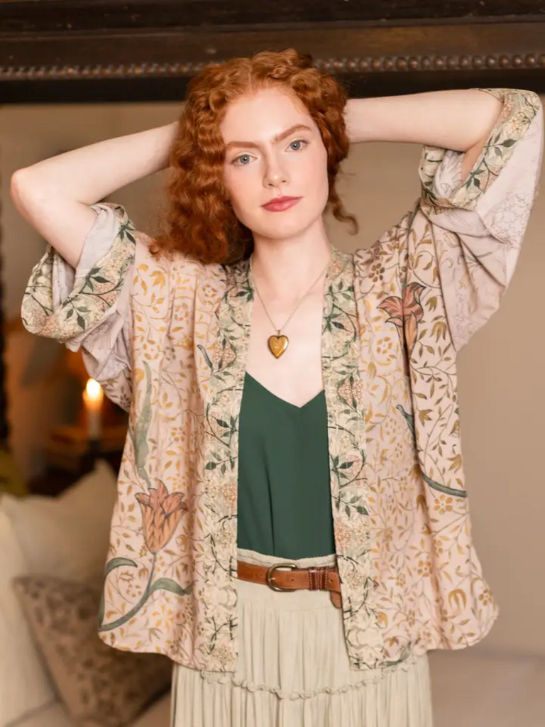 FOLKLORE FLORAL BIRD CROPPED BAMBOO KIMONO