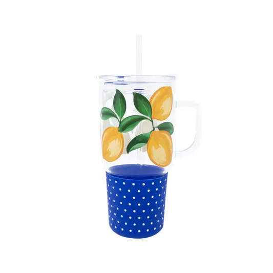 LEMONS ALLOVER GLASS TUMBLER W/STRAW