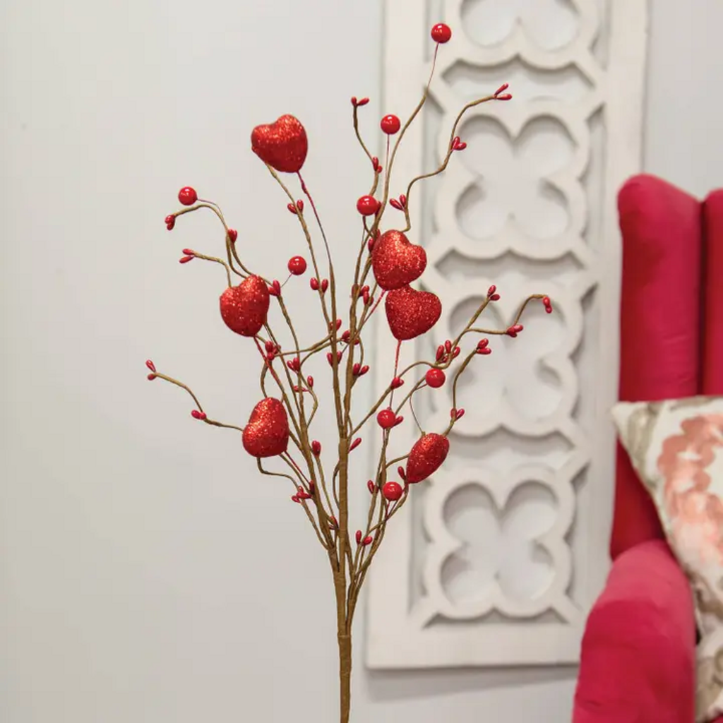 RED GLITTER HEART & BERRIES SPRAY