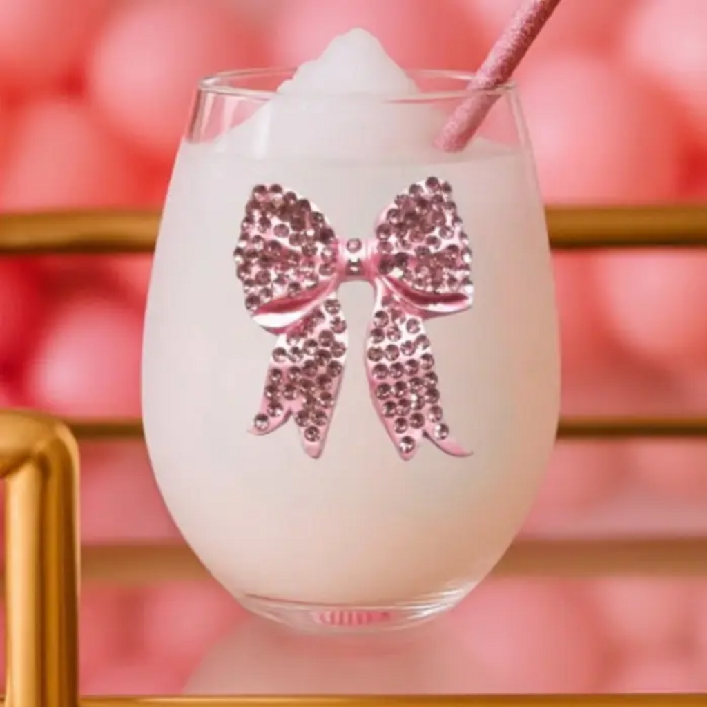 PINK JEWELED BOW STEMLESS WINE GLASS