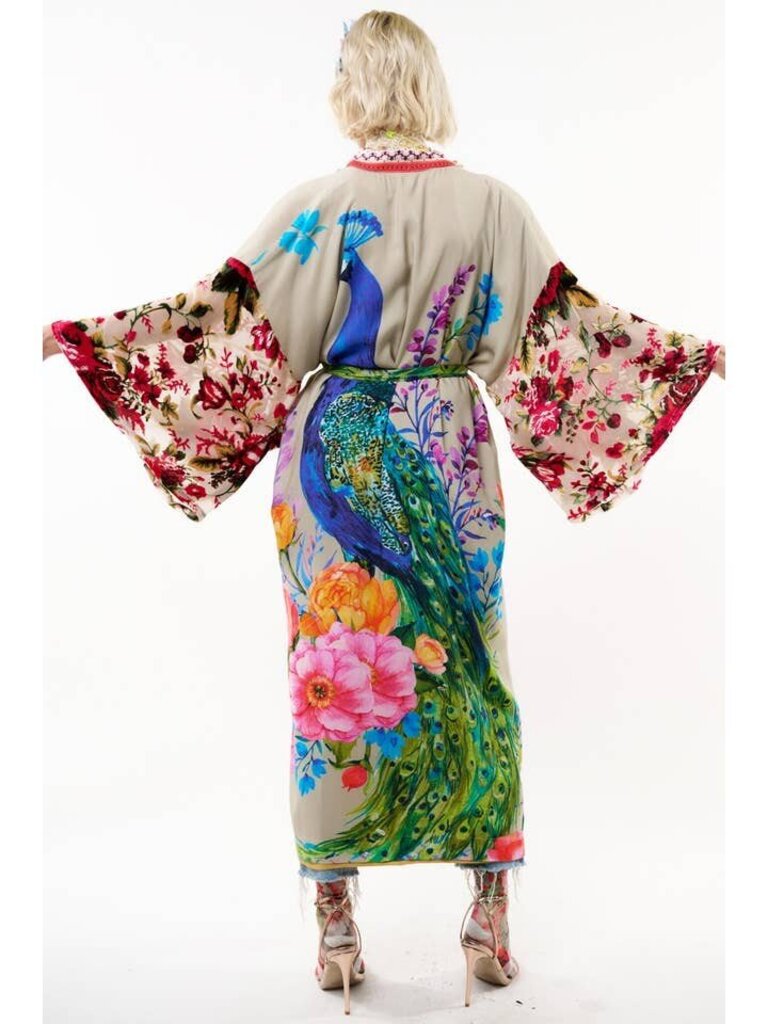 FANTASY KIMONO - BEIGE PEACOCK W/MESH VELVET SLEEVES
