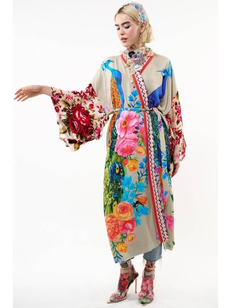 FANTASY KIMONO - BEIGE PEACOCK W/MESH VELVET SLEEVES