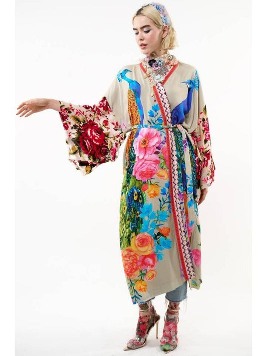 FANTASY KIMONO - BEIGE PEACOCK W/MESH VELVET SLEEVES